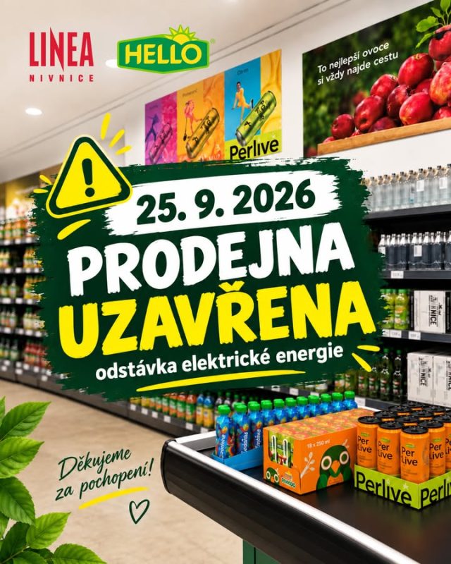 ⚠️ OZNÁMENÍ PRO ZÁKAZNÍKY
Vážení zákazníci,
z důvodu plánované odstávky elektrické energie bude naše podniková prodejna dne 25. 9. 2026 uzavřena.

Omlouváme se za případné komplikace. 💚
Na Vaši návštěvu se budeme opět těšit v běžné otevírací době.

Děkujeme za pochopení.