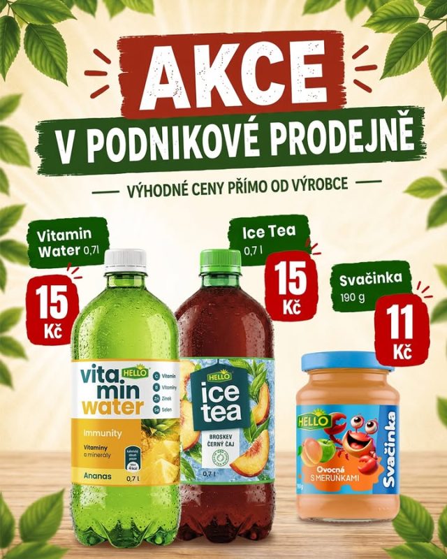 🔥 Tři produkty. Tři parádní ceny. Jen tento týden.
🍍 HELLO Vitamin Water 0,7 l – 15 Kč
🍑 HELLO Ice Tea 0,7 l – 15 Kč
🦀 HELLO Svačinka 190 g – 11 Kč

Tak co, doplníte zásoby? 😄
📍 Podniková prodejna LINEA NIVNICE
🛒 Výhodné ceny přímo od výrobce

#HELLO #LINEANivnice #PodnikovaProdejna #Akce #VyhodneCeny #VybirejteSrdcem