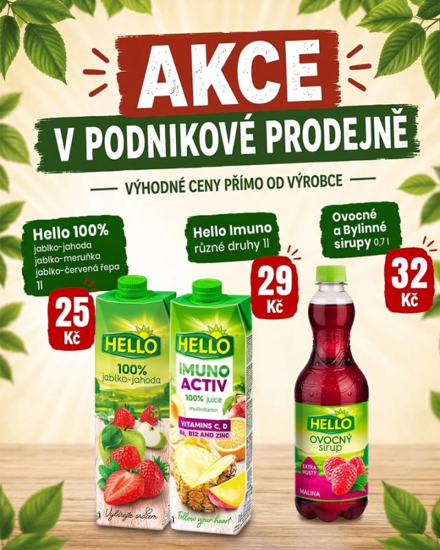 🔥 SUPER AKCE v podnikové prodejně LINEA NIVNICE!
Tentokrát jsme do akce vybrali pořádnou porci ovocné chuti – a ceny stojí za to. 💚
🍓 HELLO 100% 1 l – 25 Kč
💪 HELLO Imuno 1 l – 29 Kč
🍇 HELLO ovocné a bylinné sirupy 0,7 l – 32 Kč

Tak co, doplníte zásoby? 😄 Za tyhle ceny se pár kousků navíc doma určitě neztratí.
📅 SUPER AKCE platí do 23. 10. 2026.
📍 Podniková prodejna LINEA NIVNICE
🛒 Výhodné ceny přímo od výrobce

#HELLO #LINEANivnice #SuperAkce #PodnikovaProdejna #VyhodneCeny #VybirejteSrdcem